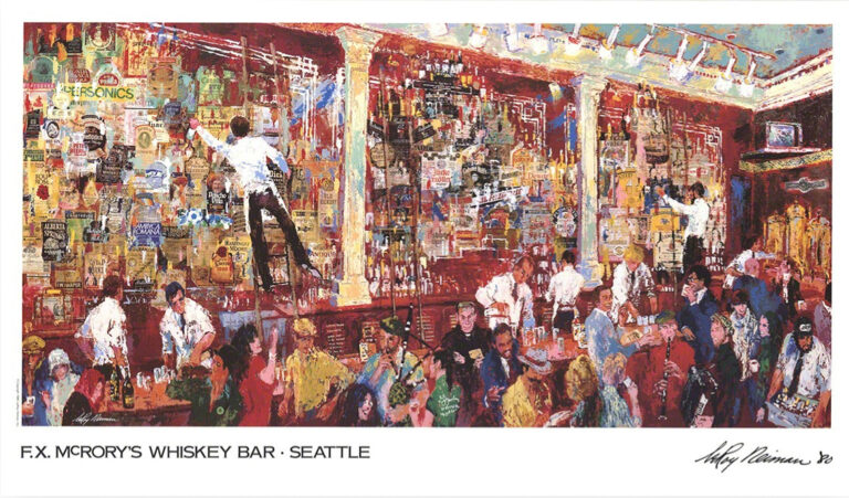 LeRoy Neiman painting of a busy bar scene with a wall of liquors in the background