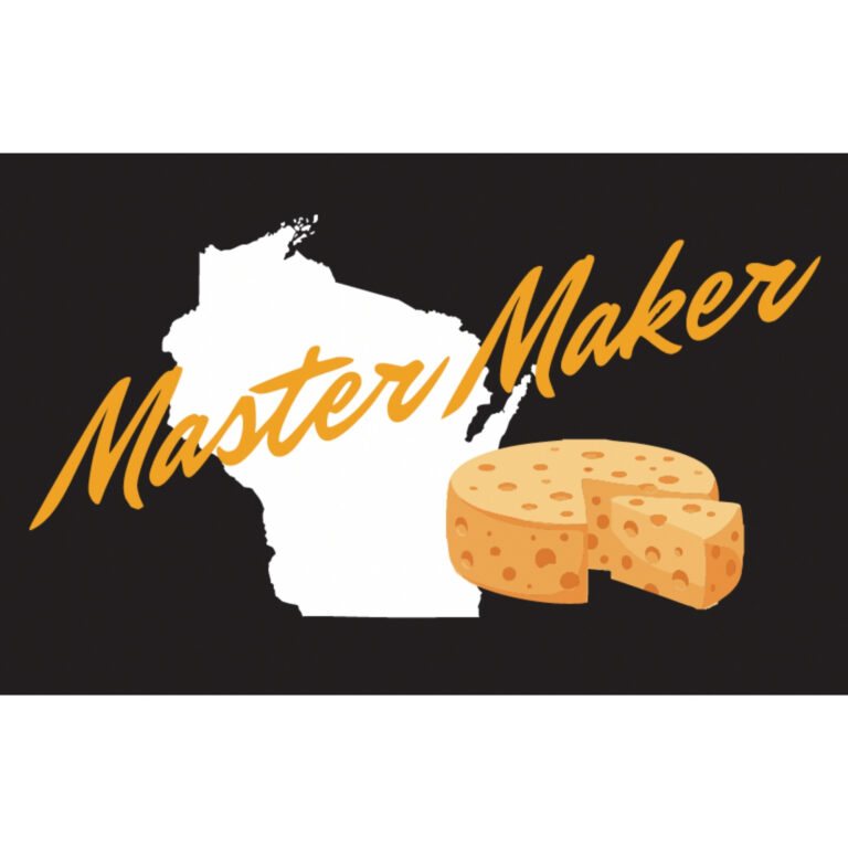 Graphic design featuring the outline of Wisconsin with the words “Master Maker” in bold script and a wheel of cheese, representing artisan cheese craftsmanship.